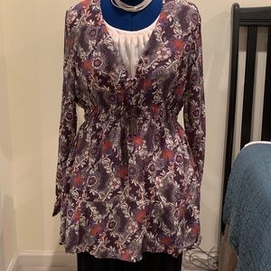 NWT Free People Purple Mutli Floral Long Sleeve V-Neckline Pleated Rayon Top